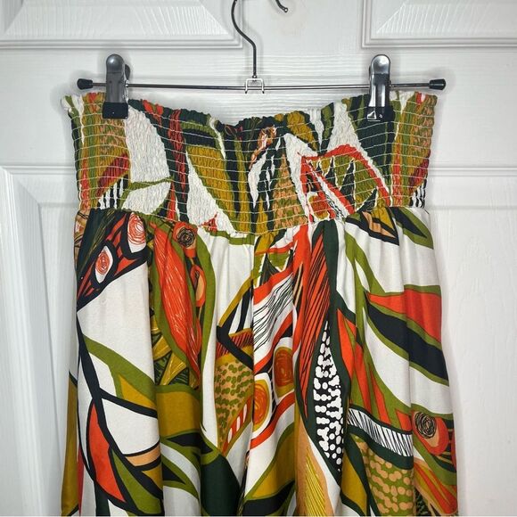 Cato Vibrant Flowy Tropical Satin Extra Wide Leg Palazzo Pants Green Orange M - Picture 6 of 11